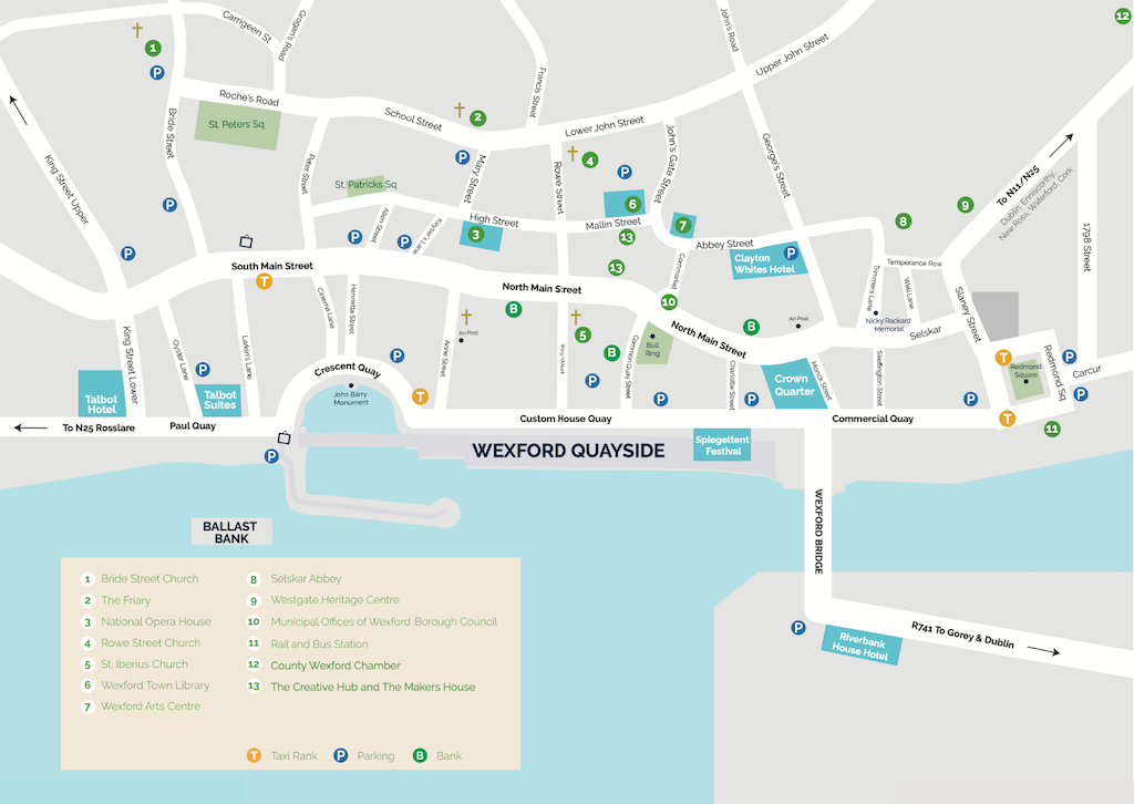 Map of wexford town with a key at the bottom left to help determine locations for the Fringe Festival and Festival Opera